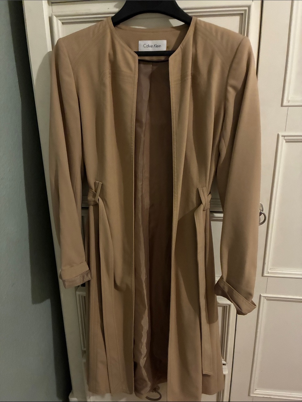 Calvin Klein Women's Beige Open-Front Long Trench Coat